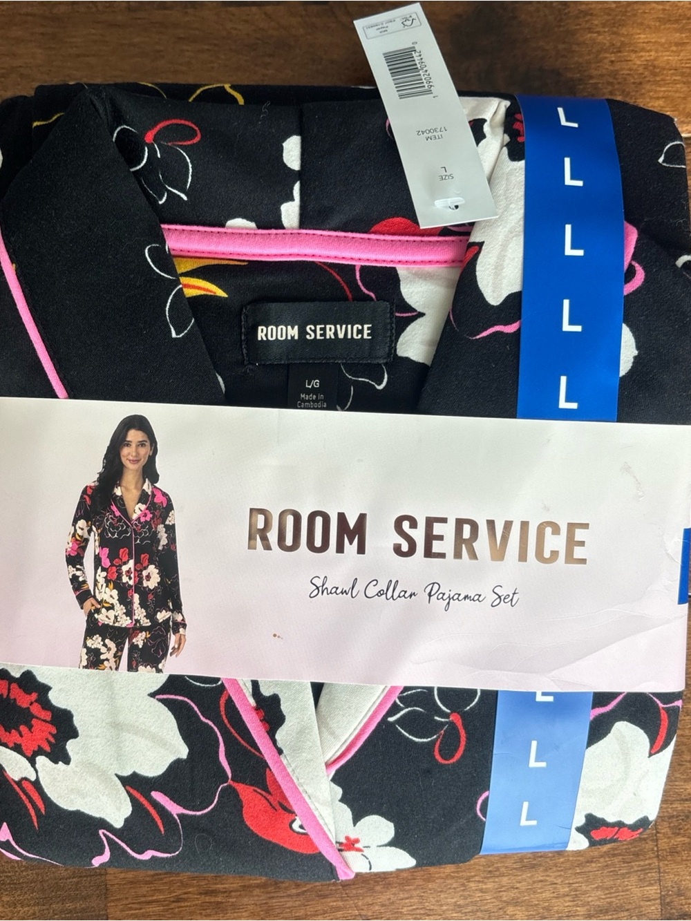 Room Service Black Floral Shawl Collar Pajama Set with Pink Trim